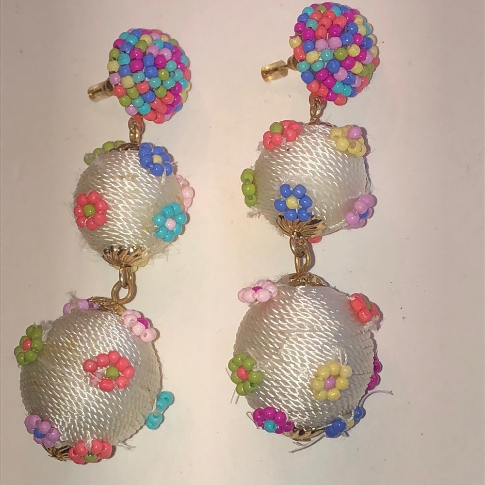 Colorful Fabric Beaded Boho Floral Beaded Ball Drop Earrings
